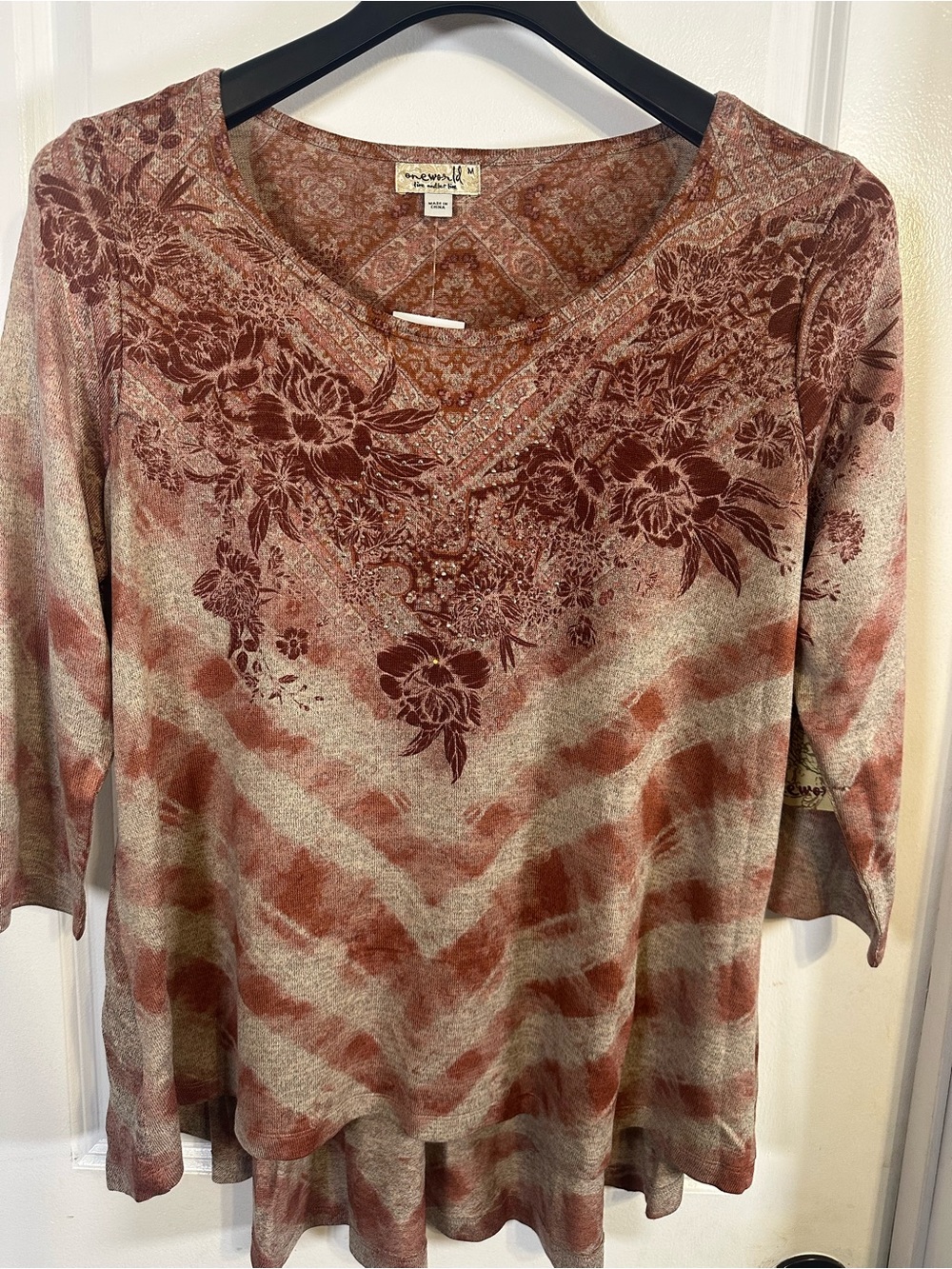 One World Live and Let Live Bohemian Mixed Print Knit Top M